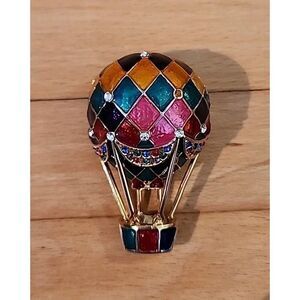 Vintage Gold tone Colorful Hot Air Balloon Brooch Pin